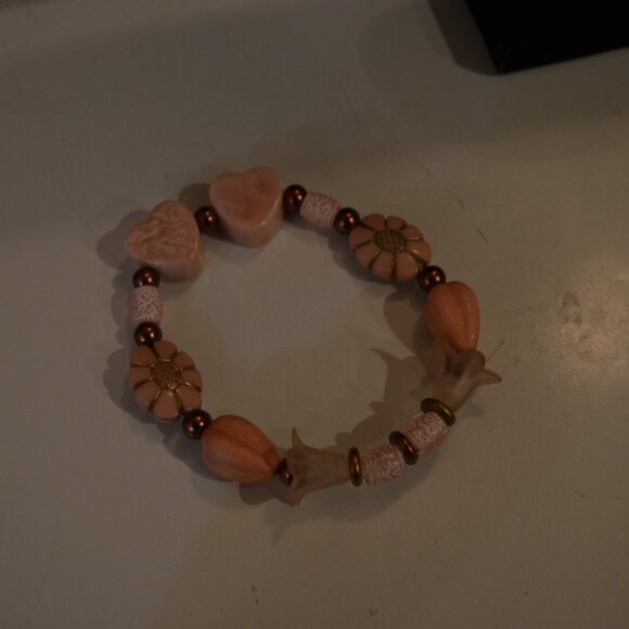 Whimsical Bracelet Handmade Mix Media Beads Glass Acryl Pink Brown Tones Elastic - Picture 11 of 14